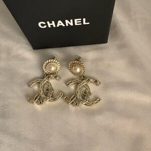 CHANEL Gold and Silver Logo Earrings with Pearl